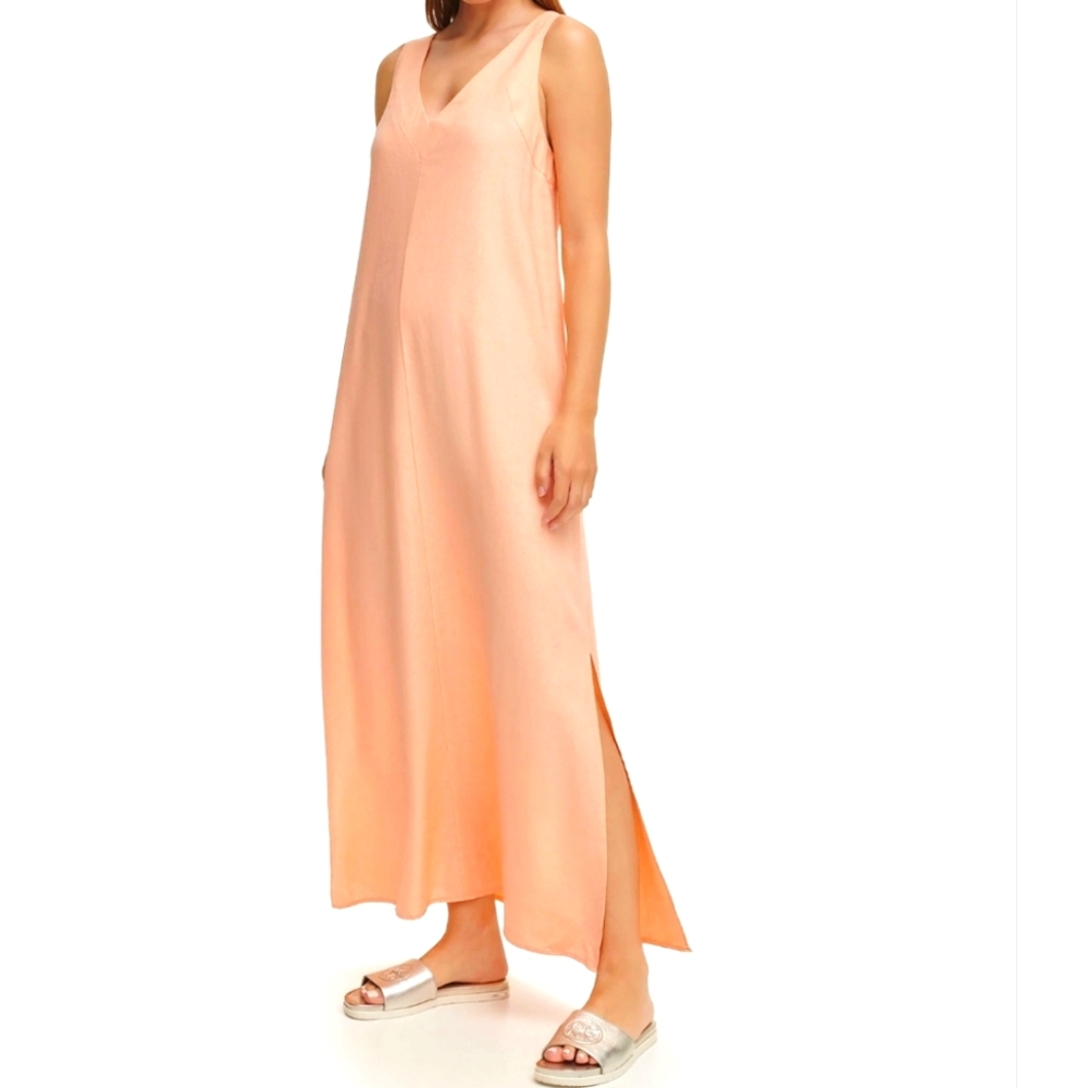 DKNY Linen Blend Peach  Side Slits Maxi Dress New Sz XL